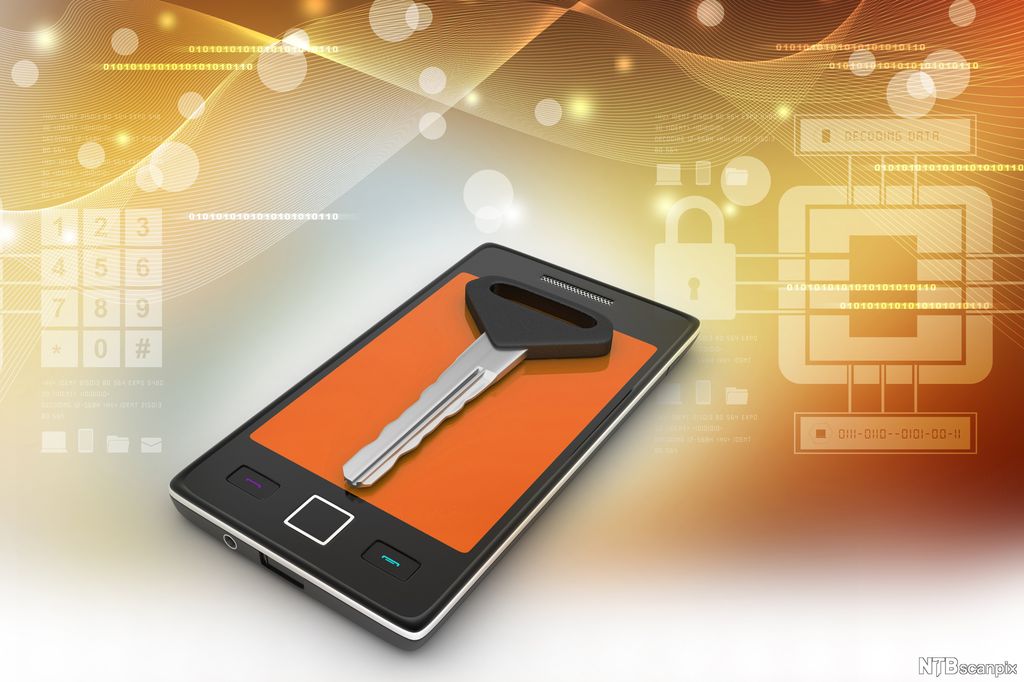 Telefon med en nøkkel som ligger oppå skjermen. Illustrasjon.