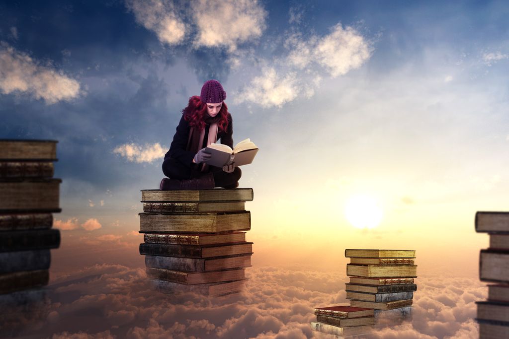 Art: A girl sits on top of a stack of books, which is resting on clouds. She is reading. She is wearing outdoor clothes. Around her there are other stacks of books. Photo.