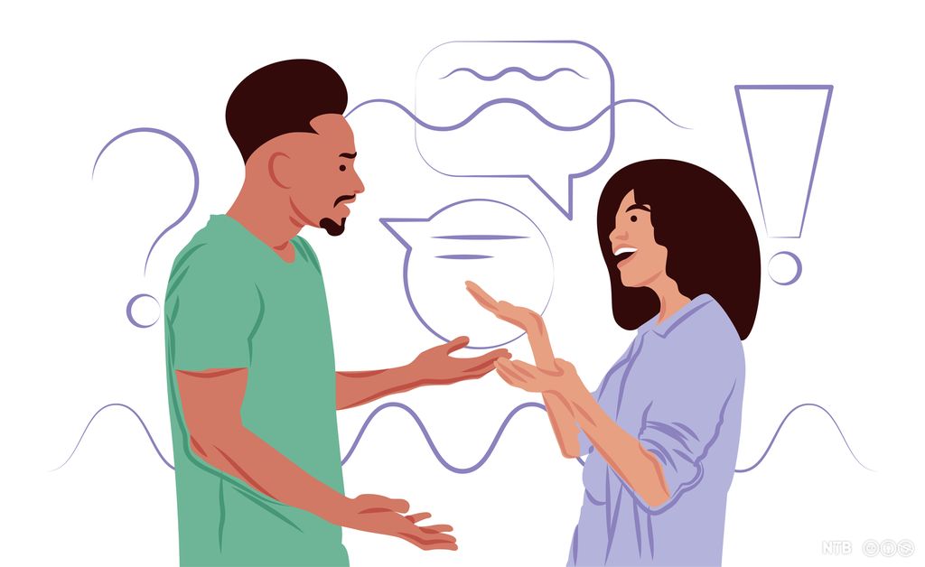 A graphic illustration showing a young woman and a young man talking and discussing. Behind them, there are speech bubbles and question marks. Illustration.    