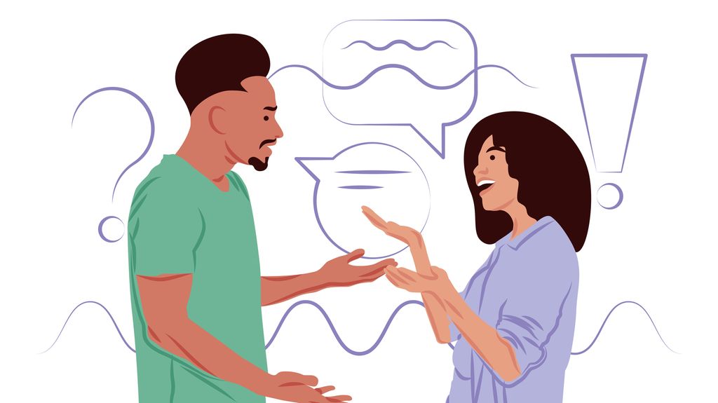 A graphic illustration showing a young woman and a young man talking and discussing. Behind them, there are speech bubbles and question marks.