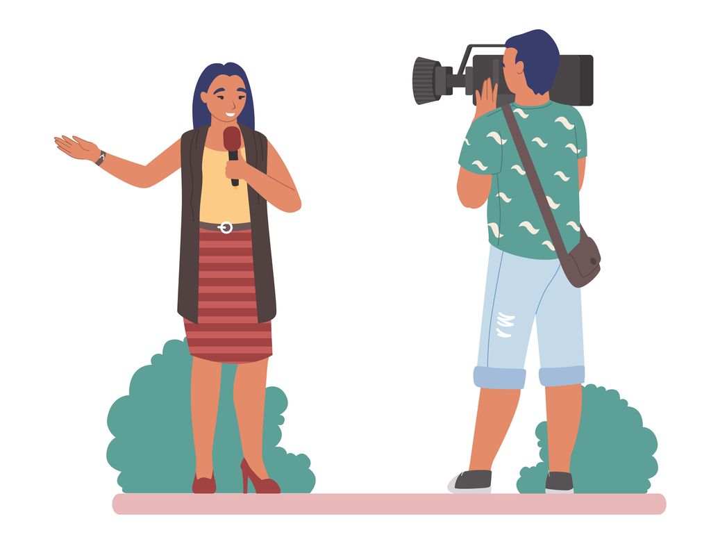 Woman in front of camera. Man holds the camera. Illustration.