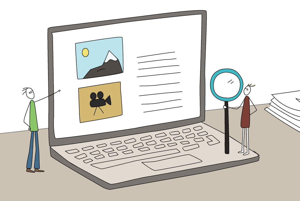 Små personar står ved ein dataskjerm, peikar, tittar og undersøkjer ein nettstad med video og bilete. Illustrasjon.