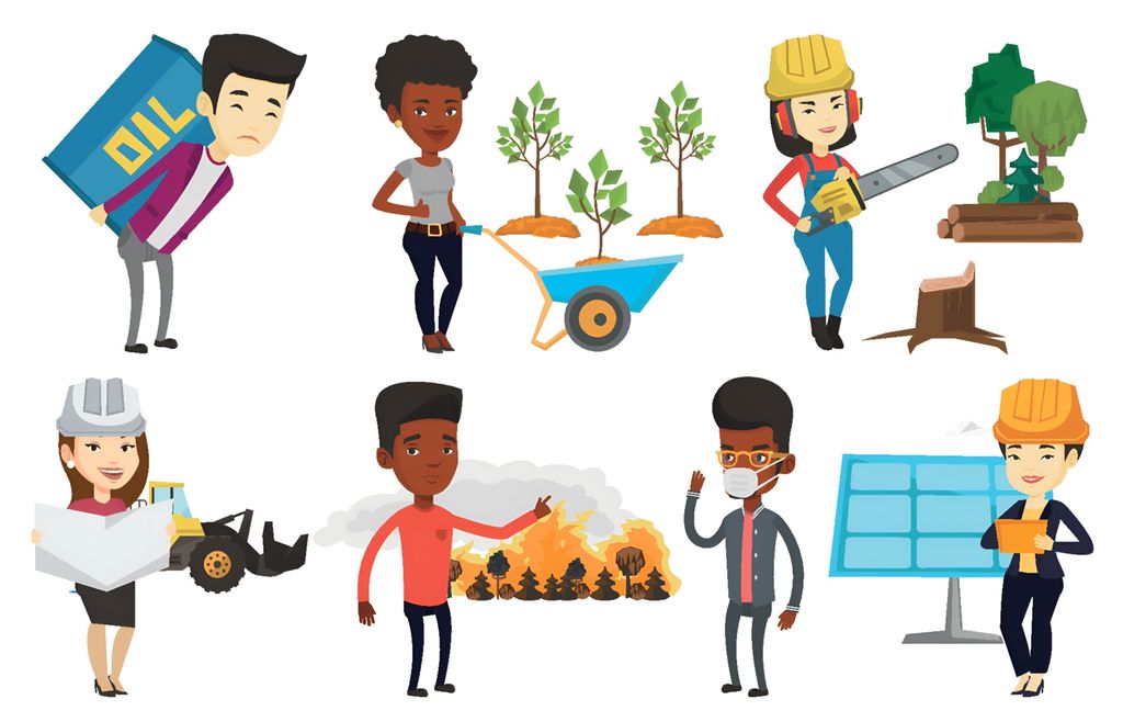 Persongalleri med figurer knyttet til energi og naturressurser. Illustrasjonen viser blant annet personer som arbeider med olje, skogbruk, planlegging, miljø og energiproduksjon. Det er også figurer med trillebår og planter, motorsag, anleggsmaskin, solcellepanel og skogbrann. Illustrasjon.