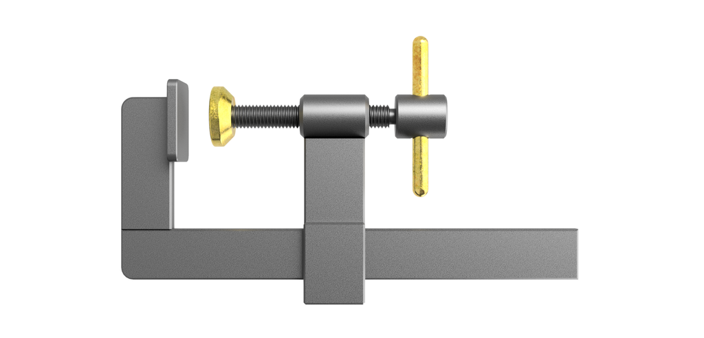 Verktøy som består av en L-forma stålprofil. På profilen er det montert en brakett med en lang skrue. Illustrasjon.