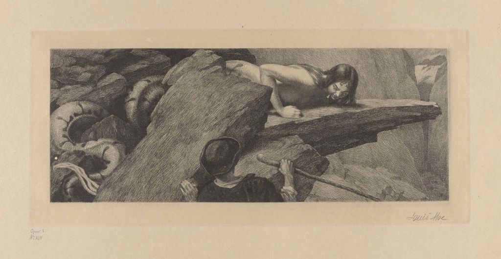 Grafisk trykk av en skikkelse som er dels kvinne, dels slange, og som ligger på ei fjellhylle og ser ned på en mann med vandrestav. Foto.