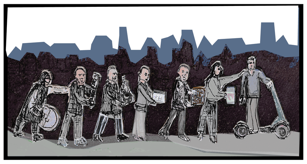 Rekke av oppfinnarar med kvar si oppfinning som har vore nødvendige for å utvikle elsparkesykkelen. Illustrasjon.