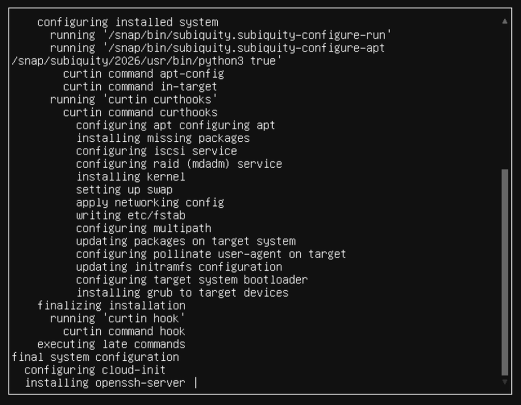 Liste over stegene som er gjennomført i installasjonen. Skjermbilde fra Ubuntu Server 20.04.