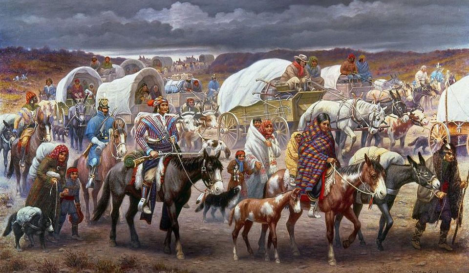 A painting showing a native American tribe on the move. 