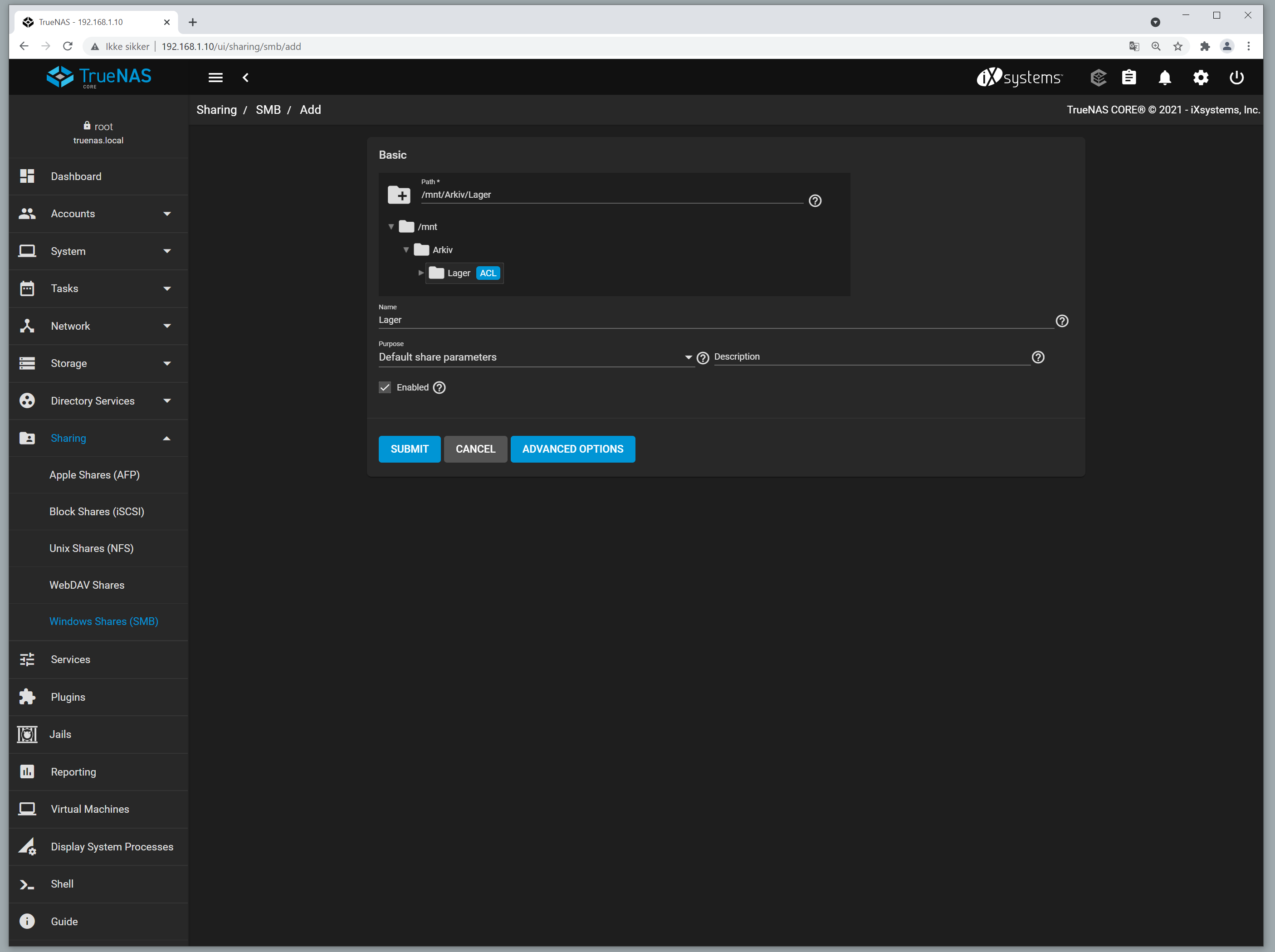 Veileder for oppsett av SMB share. Skjermbilde.