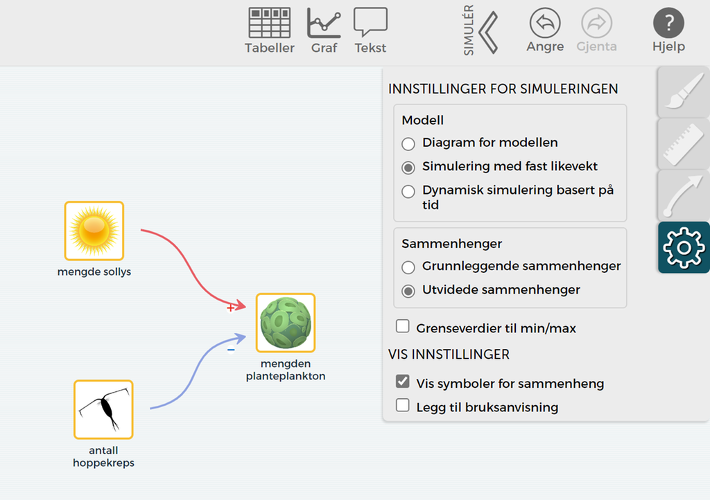 Skjermbilde fra programmet SageModeler som viser hvordan du får opp symboler som forklarer sammenhengen mellom to variabler. Disse symbolene kommer i tillegg til fargekodene, som er standard. Foto.