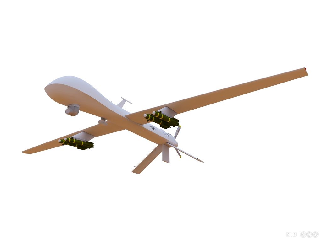 Computer artwork showing a Predator spy plane armed with hellfire missiles. The drone looks like a toy plane. Illustration.