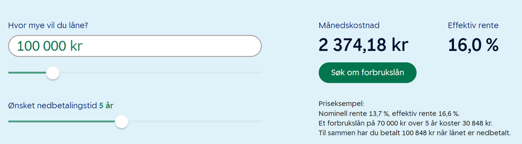 Forbrukslånskalkulatoren til Sparebank 1 viser at med et lån på 100000 og ei nedbetalingstid på fem år vil månedskostnaden bli 2374,18 kroner og den effektive renta 16,0 prosent. Skjermutklipp.