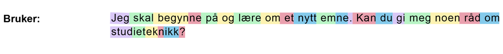 Setningen "Jeg skal begynne på og lære om et nytt emne. Kan du gi meg noen råd om studieteknikk?". Ord, deler av ord og tegn er uthevet i ulike farger. Illustrasjon.