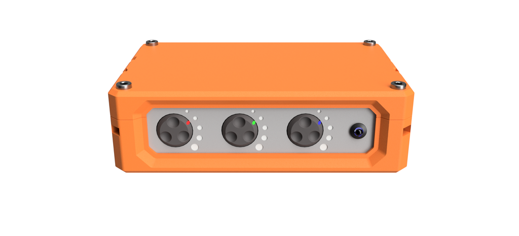 Oransje boks med tre knapper og en lysdiode. Illustrasjon.