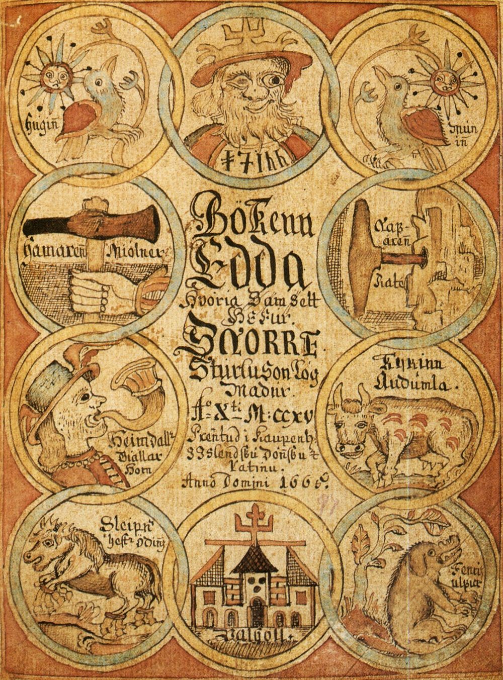 Omslaget til ei gammel bok. Her er det en rekke illustrasjoner av dyr (hester, griser og kyr), mennesker og ei kirke. Illustrasjon.