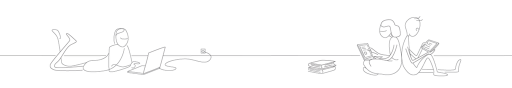 Sketch of three people working on a computer and reading books. 