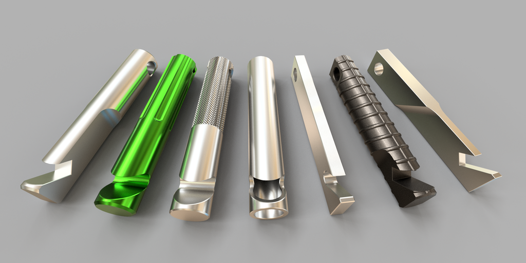 Sju ulike sylindriske gjenstander med et hakk i enden. Foto.