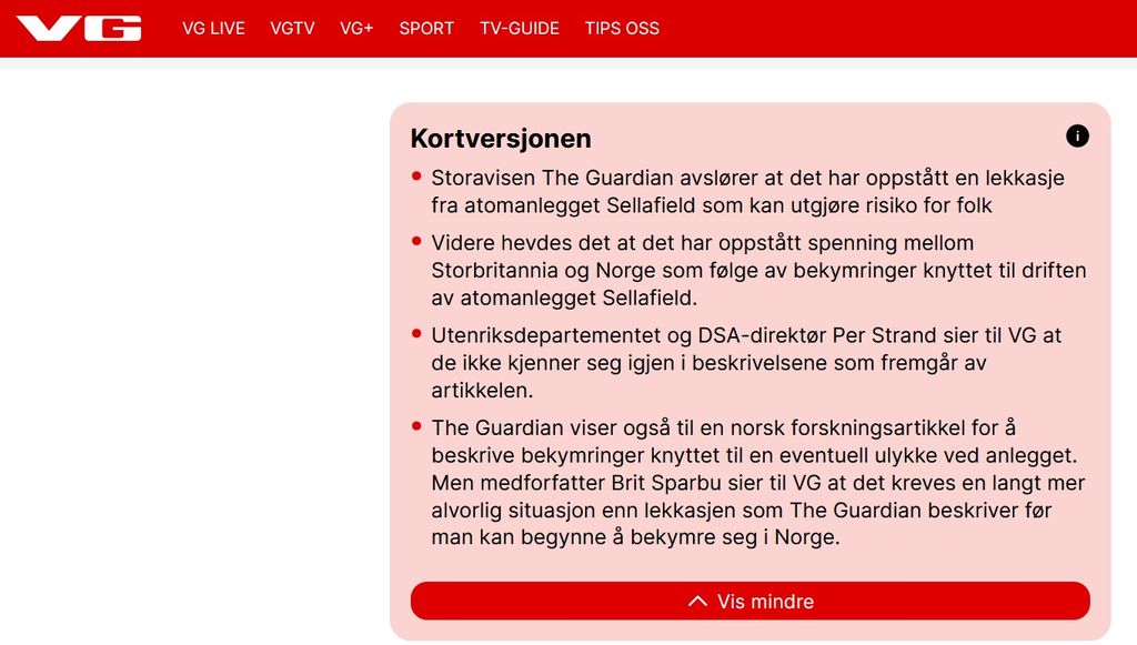 Logoen til nettavisa VG og eit lyseraudt felt der det viktigaste i ein nyheitsartikkel blir summert opp i fire punkt. Skjermutklipp.