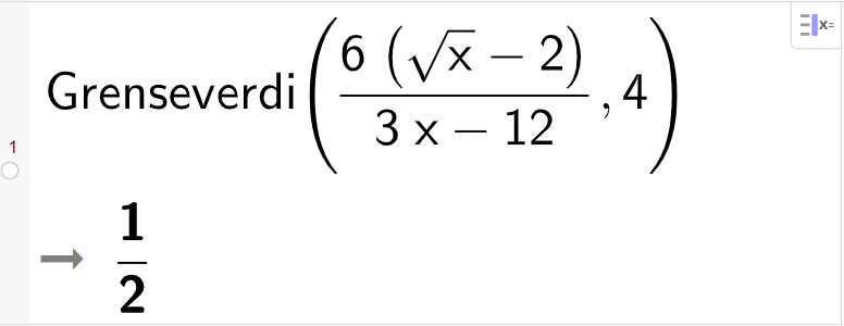 CAS-utrekning med GeoGebra. På linje 1 er det skrive Grenseverdi parentes 6 multiplisert med parentes rot x minus 16 parentes slutt delt på parentes 3 x minus 12 parentes slutt komma, 4 parentes slutt. Svaret er ein halv. Skjermutklipp.