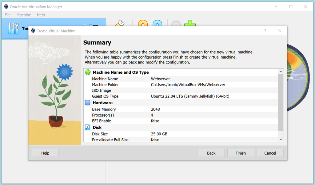 Skjermbilde fra programmet VirtualBox som viser et sammendrag av konfigurasjon til virtuell datamaskin.