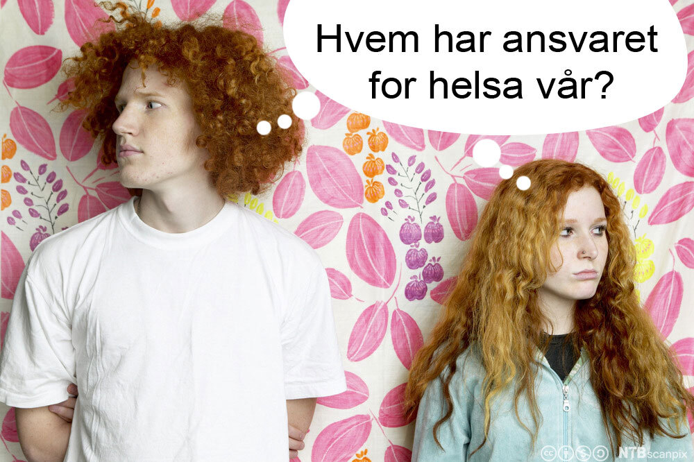 Alvorlig jente med tenkeboble over hodet hvor det står "Hvem har ansvaret for helsa vår?" Manipulert foto.