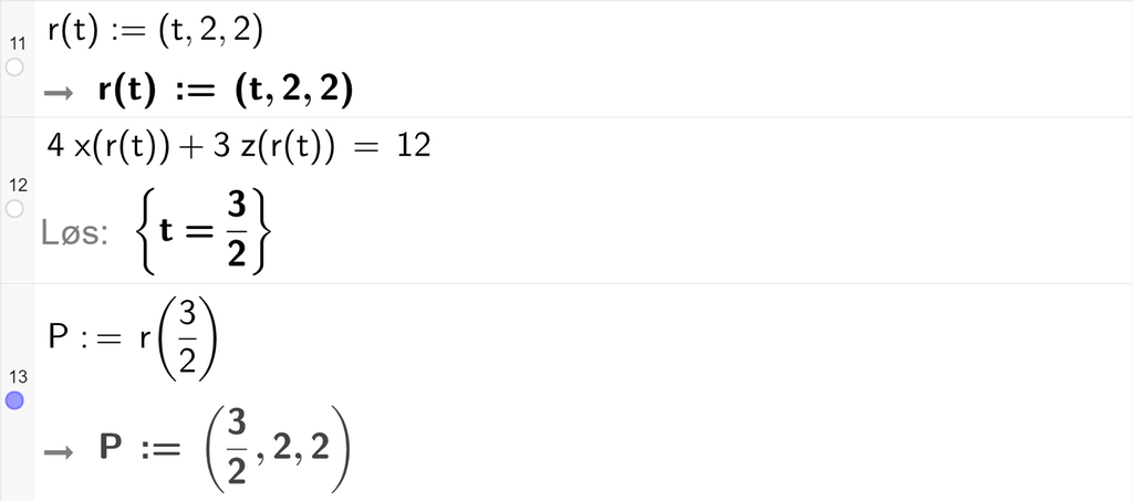 Skjermutklipp fra CAS-vinduet i GeoGebra. På linje 11 er r av t definert med koordinatene t, 2 og 2. På linje 12 er 4 x av r av t pluss 3 z av r av t satt lik 12. Svaret med Løs er t er lik 3 halve. På linje 13 er P definert som r av 3 halve. Svaret er P kolon er lik koordinatene 3 halve, 2 og 2. Skjermutklipp.