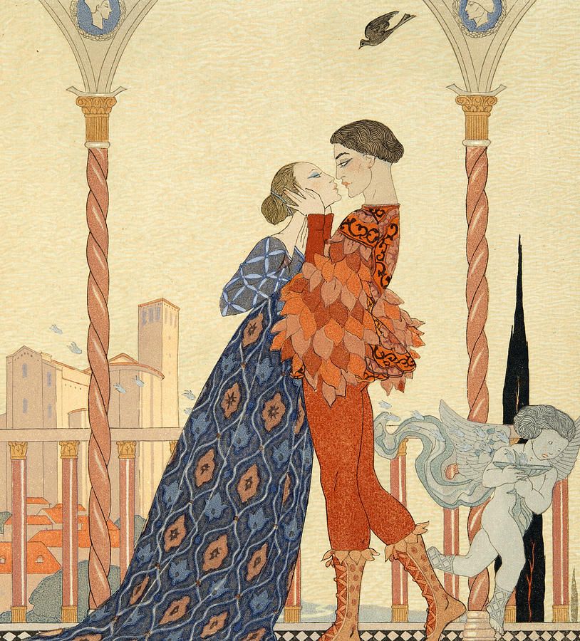 A painting showing Romeo and Juliet. Romeo holds Juliet's head and is about to kiss her. Juliet leans towards Romeo. She is dressed in a blue dress, while Romeo is dressed in red tights and a red jacket. Cupid is painted in the right corner of the picture. The painting is in ArtDeco style.  