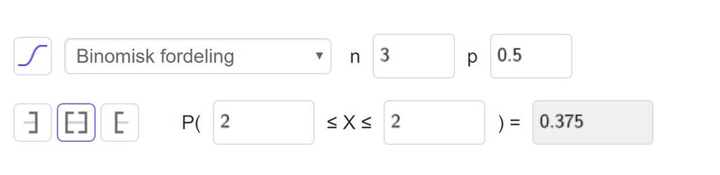 Bilde av sannsynlighetskalkulatoren i GeoGebra. Det er valgt «Binomisk fordeling» med n lik 3 og p lik 0.5. Løsningen er P parentes 2 mindre enn eller lik X mindre enn eller lik 2 parentes slutt er lik 0,375. Skjermutklipp.