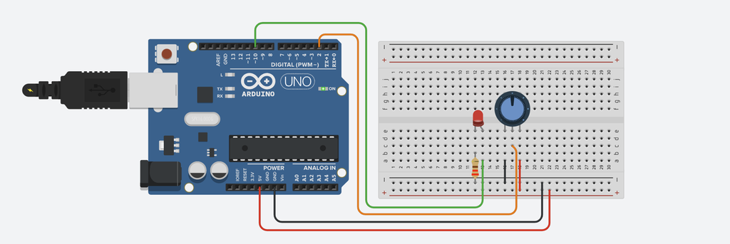 Arduino og koplingsbrett der det er kopla opp en lysdiode, et potensiometer og en resistor. Det er ledninger mellom Arduinoen og koplingsbrettet. Illustrasjon.