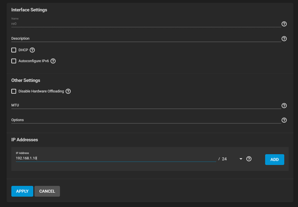 Utklipp som viser innstillinger for nettverkskort. DHCP er deaktivert, og en IP-adresse er lagt inn under "IP Addresses". Skjermbilde.