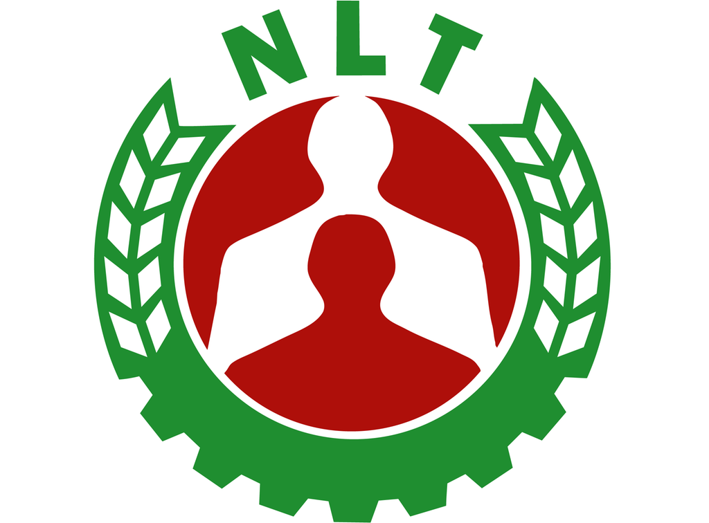 Logoen til Norske Landbrukstenester. Et sirkelformet, grønt symbol med NLT på toppen og en krans rundt som går over til tannhjul nederst. I midten av symbolet er det silhuett av to personer i rødt og kvitt. Illustrasjon.