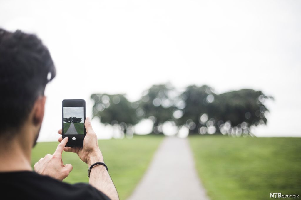 Mann tar bilde av naturen med mobilen sin. Foto.