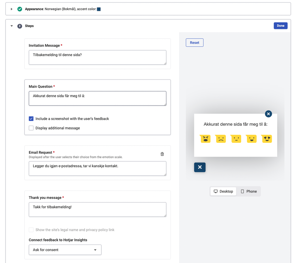 Dialogboks med spørsmål om hvordan brukeren oppfatter et nettsted, og emojier for å rangere brukeropplevelsen. Skjermbilde.