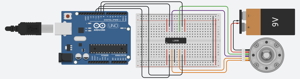 En Arduino som er kopla til en trinnmotor. Trinnmotoren er også kopla til et 9 Volts batteri. På koplingsplata er det montert en IC-modul, og alle komponentene er kopla sammen med ledninger. Skjermbilde.