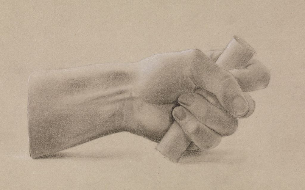 Teikning av ei hand som held rundt ein sylinder. Foto.