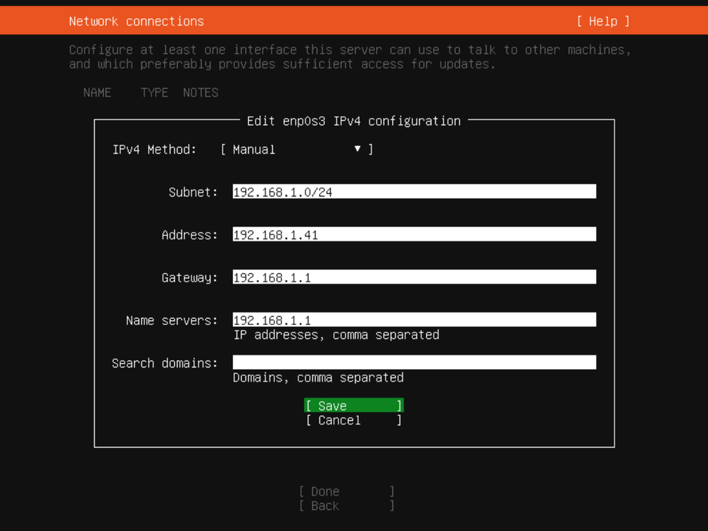 Manuell justering av IPv4-adresse. Fire linjer med detaljer og adresser. Skjermbilde fra Ubuntu Server 20.04.