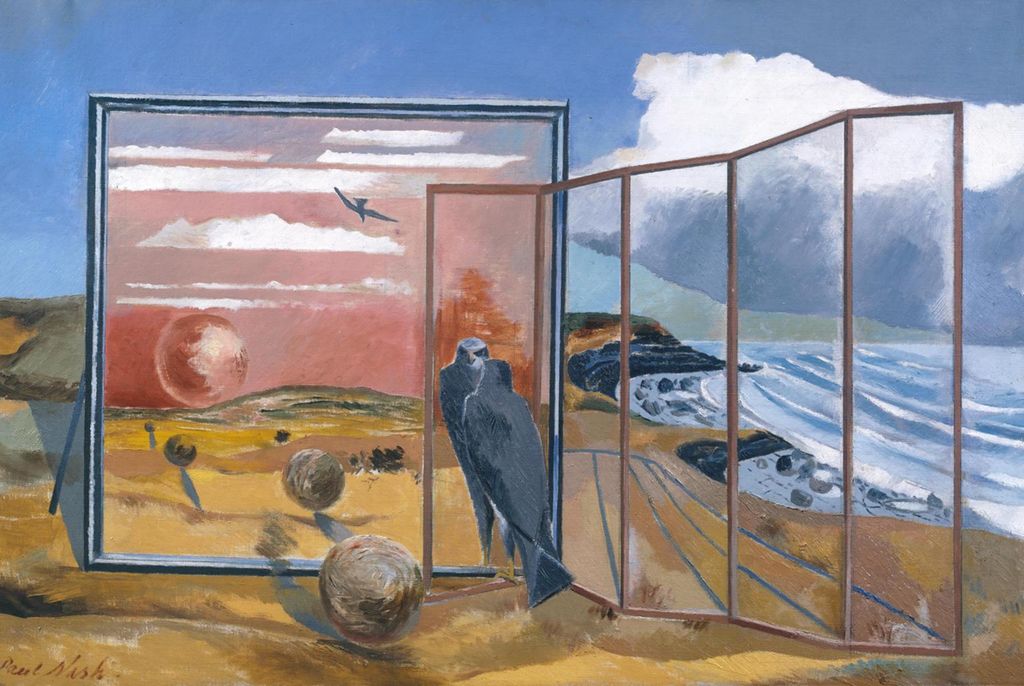 Photo of the painting Landscape From a Dream by Paul Nash. In a coastal landscape there are orbs, and a bird flying, and a bird reflected in a mirror. 