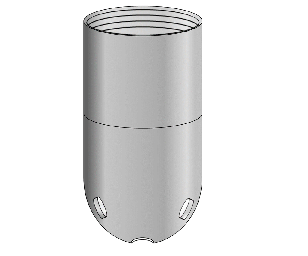Skissen viser et avrundet endestykke som monteres i bunnen av fôringsrørene. Dette skal lede fôringsrørene inn i hullet uten å stoppe mot brønnveggen. Illustrasjon.