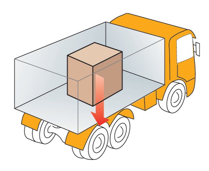 Tegningen viser en lastebil med last. En rød pil illustrerer tyngdekraften på lasten. Illustrasjon. 