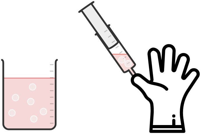 Tommel foran tuppen på sprøyte med rosa væske. Illustrasjon.