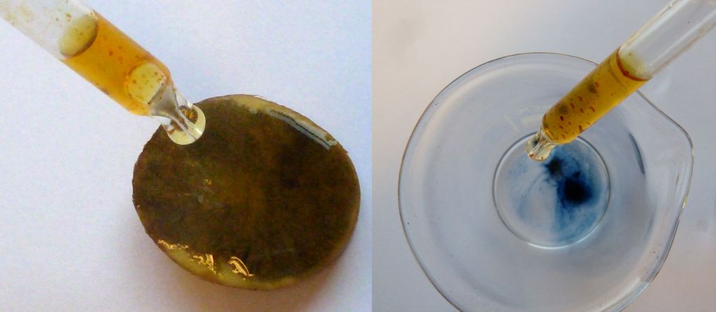 Jodløsning dryppes på potet og i stivelsesløsning. Foto.