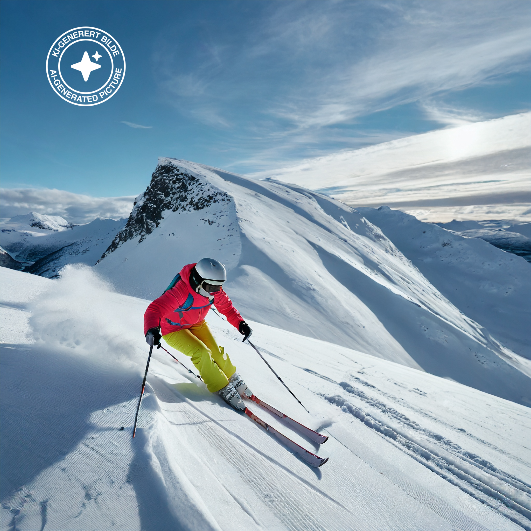 Person på ski i et fjellandskap. Personen har to staver i den ene hånda. KI-foto.