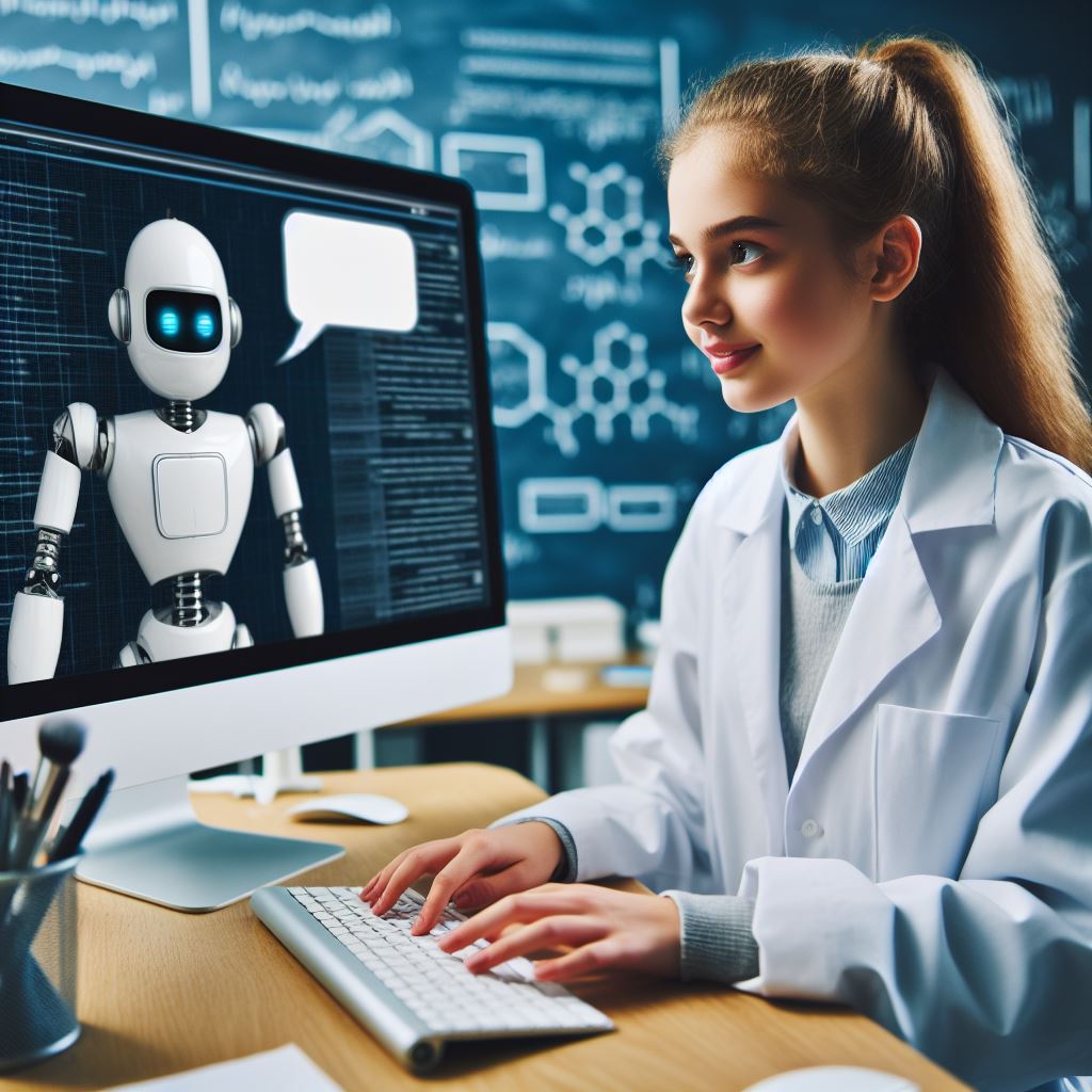 Jente i labfrakk sitter foran pcskjerm og skriver på tastaturet. På skjermen er det en robot med snakkeboble. KI-foto.