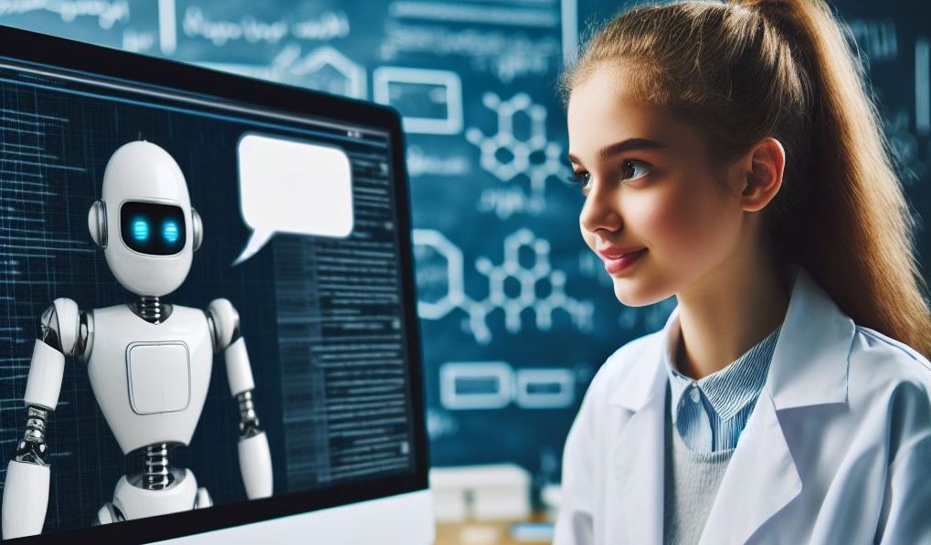 Jente i labfrakk sit framfor pc-skjerm. På skjermen er det ein robot med snakkeboble. KI-foto.