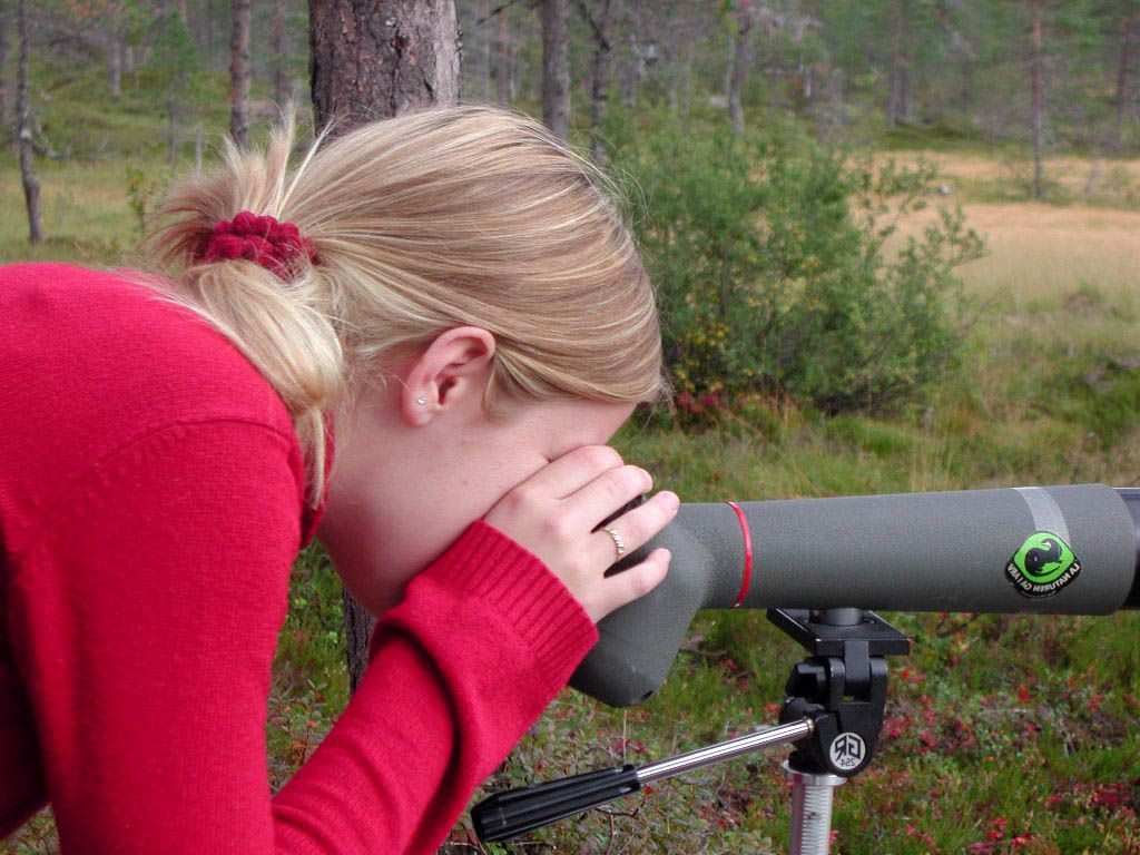 Elev i naturlandskap ser i teleskop. Foto.