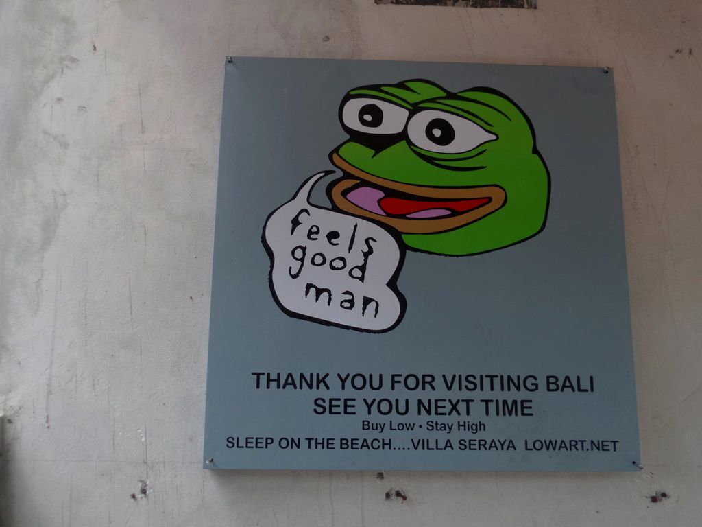 Reklameplakat for ferieboliger på Bali som bruker et bilde av Pepe the Frog. Foto. 