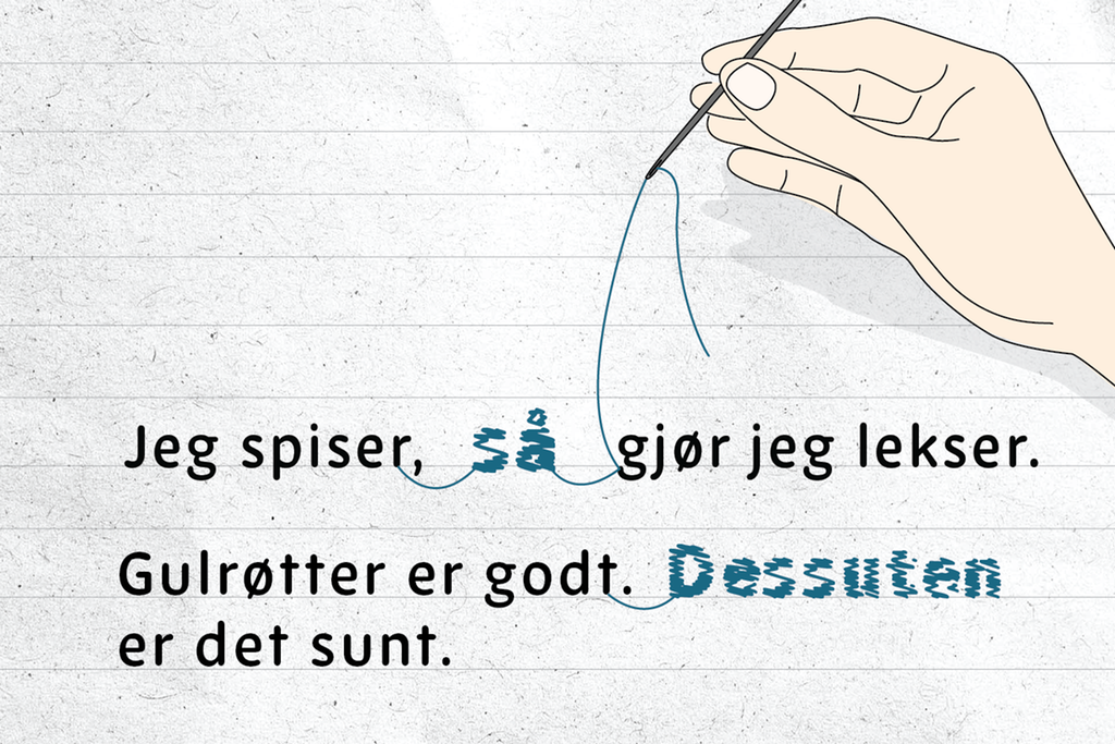 Illustrasjon: Ei hånd holder ei nål med sytråd. Tråden går gjennom ordet "så" i setningen "Jeg spiser, så gjør jeg lekser." Den går også gjennom ordet "Dessuten" i setningen "Gulrøtter er godt. Dessuten er det sunt."