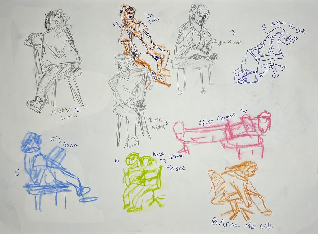 Små skisser av menneske i ulike positurar. Illustrasjon.