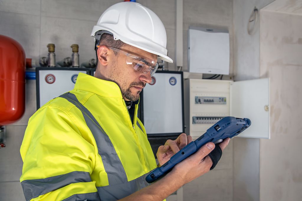 Elektriker med hjelm, vernebriller og vernetøy ser på anleggsdokumentasjon på en tablet. I bakgrunnen et sikringsskap og annet teknisk utstyur på en grå murvegg.Foto