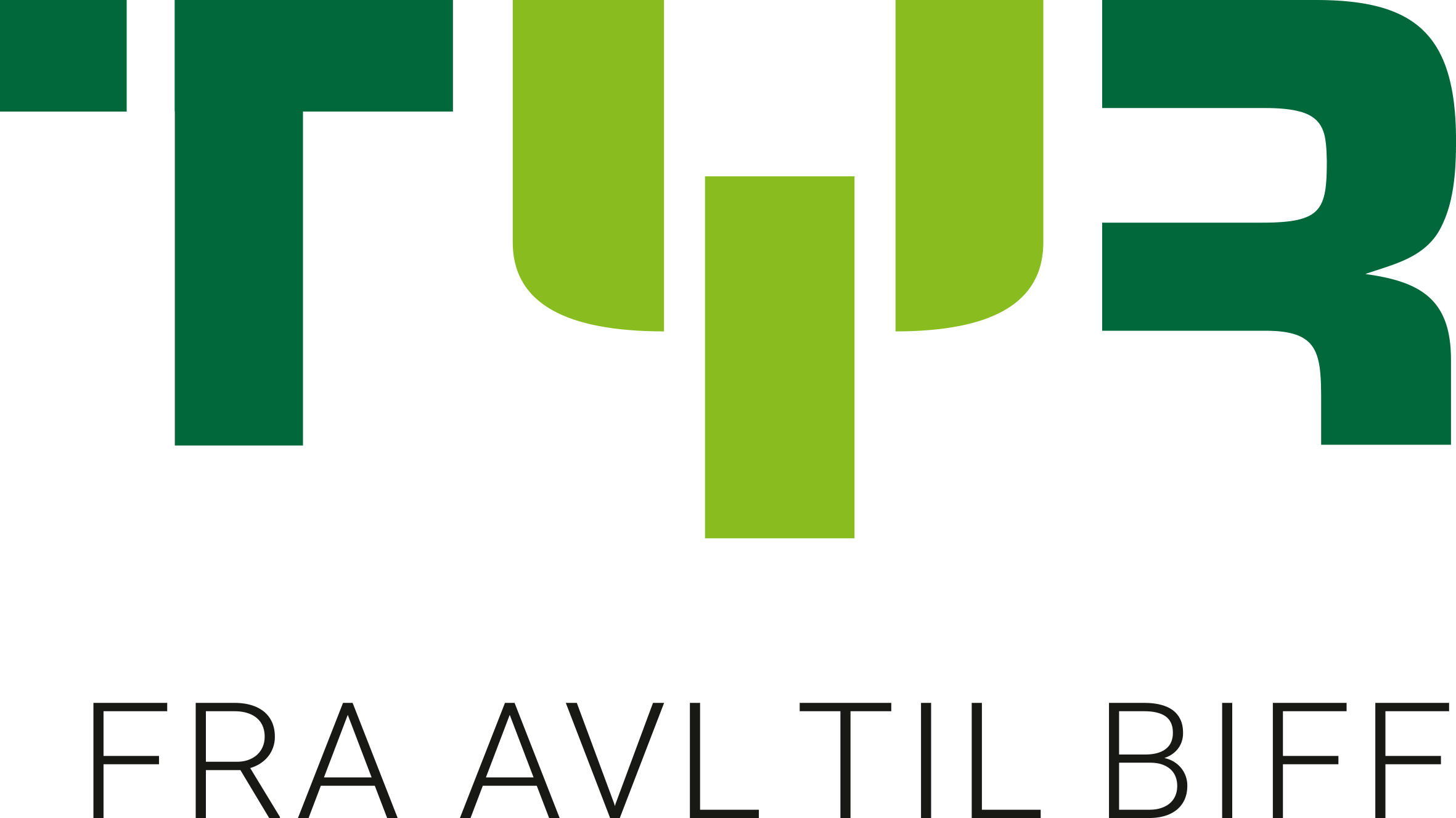 Logoen til TYR. TYR skrevet med store bokstaver i to ulike grønnfarger. Illustrasjon.